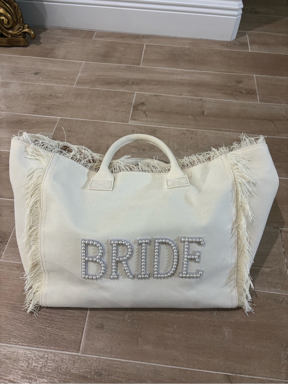 Bride Embellished Fringe Canvas Tote - Cream